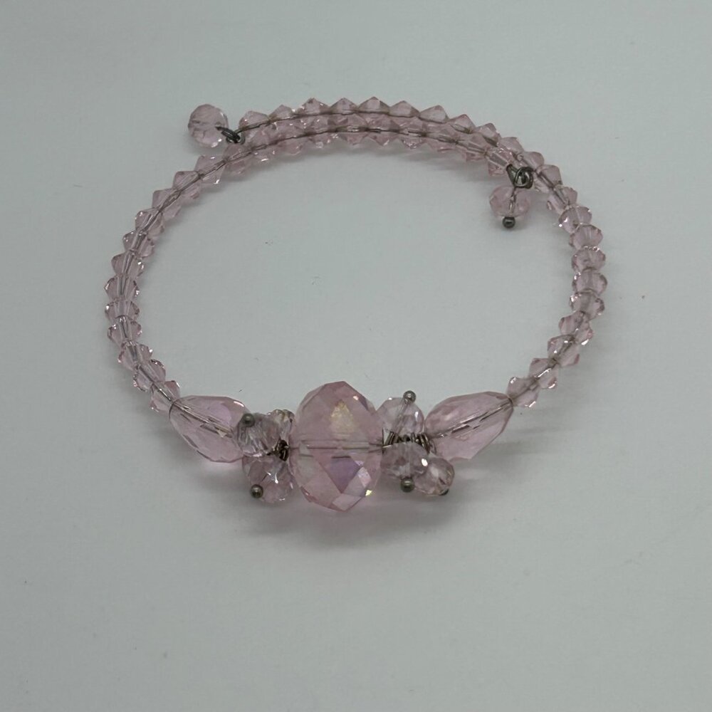 Adjustable Retro Pink Bracelet Glass Beads On Memory Wire Prom Quinceañera